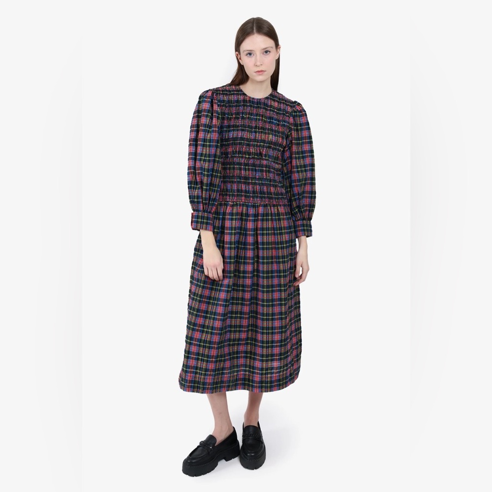 Ganni Vibrant Plaid Long Sleeve Dress